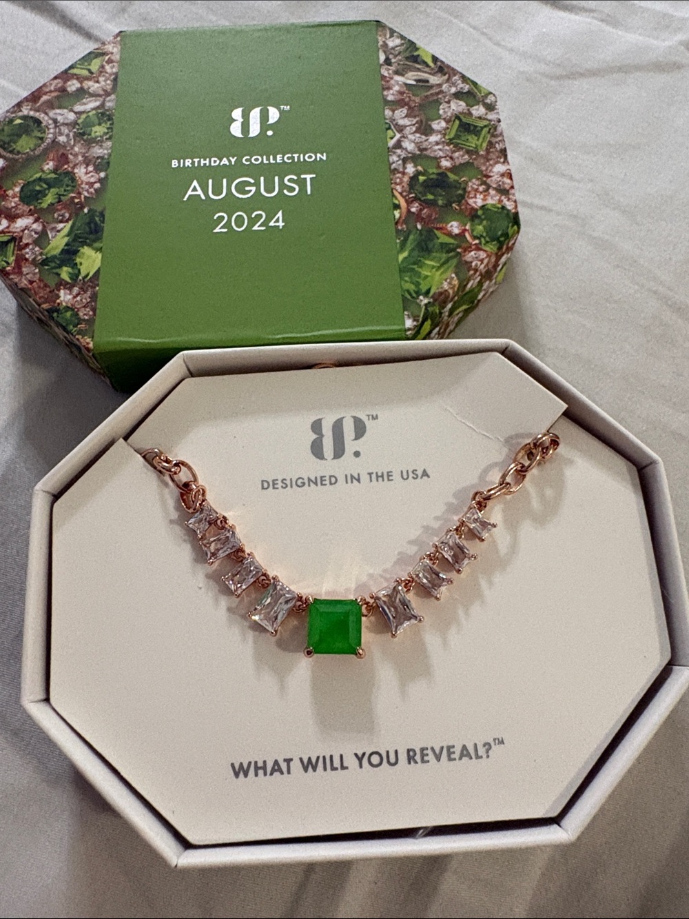 August 2024 Rose Gold Necklace with Green Center Stone from BIRTHDAY COLLECTION
